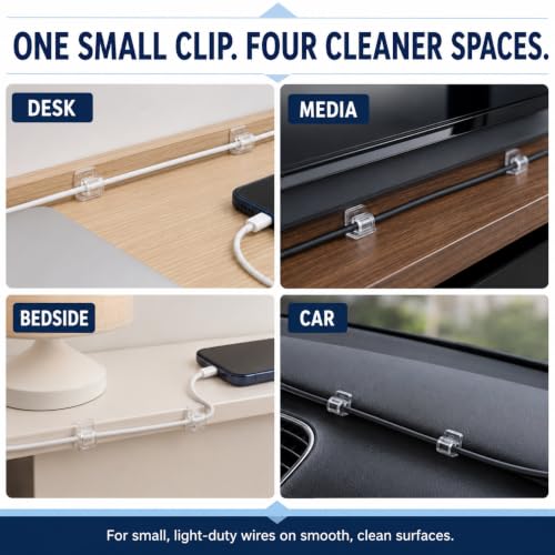 50 unidades de clips adhesivos transparentes para cables – organizador invisible de cables y sujetacables para escritorio de vidrio, pared y hogar miniatura 5