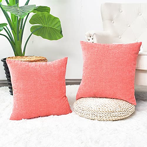 CaliTime Pack of 2 Cozy Bolster Pillow Covers Cases for Couch Sofa Home Decoration Solid Dyed Soft Chenille 55cm X 55cm Living Coral - Image 2