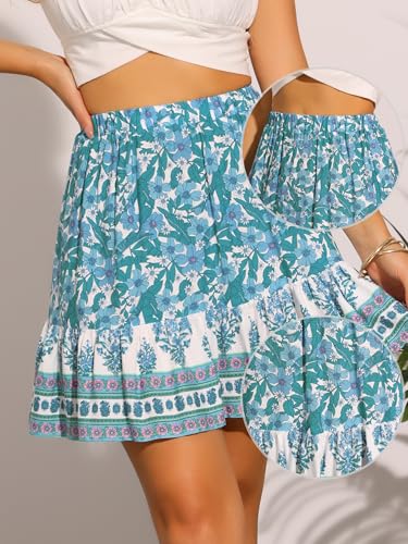 Allegra K Floral Skirts for Women's Pleated Flared A-Line High Elastic Waist Casual Short Mini Boho Skirt2