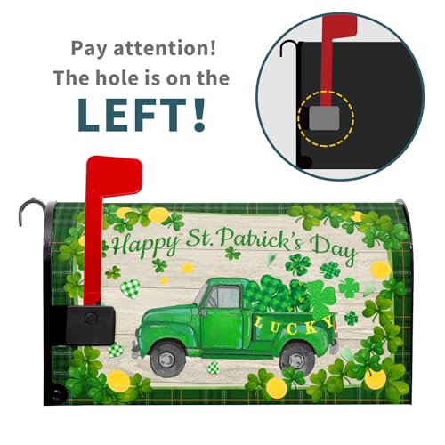 Image of St Patrick's Day Mailbox Cover Green Truck Mailbox Covers Magnetic Standard Size 18 X 21 Inch Green Shamrocks Mailbox Wraps Holiday Post Letter Box Cover for Garden Yard Outside Decor