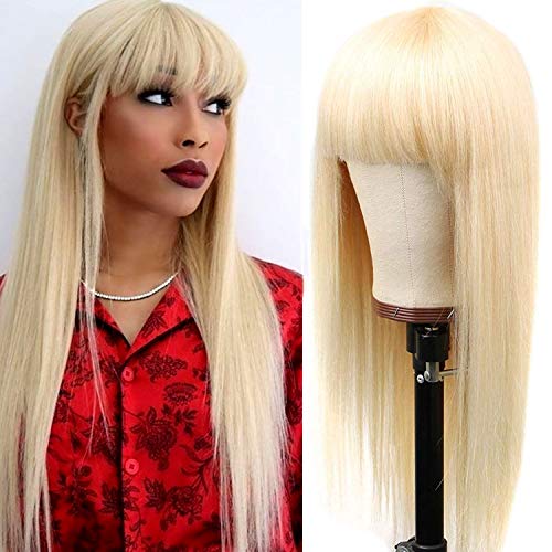 613 Blonde Straight Wigs Human Hair Wigs with Bangs 9A Brazilian Virgin Human Hair Glueless Wigs Machine Made None Lace Front Wigs for Women 150% Density(20inch)