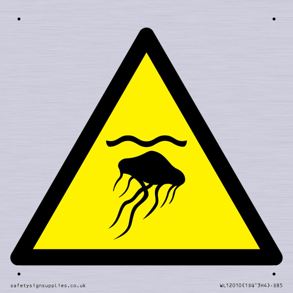 W069 Warning: Jellyfish Sign - 85x85mm - S85, Yellow/White