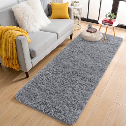 OLANLY 2x8 Machine Washable Runner Rugs for Hallway, Soft Fluffy Shaggy Bedside Rugs for Bedroom, Living Room, Indoor Floor Carpet for Kids Girls Boys, Nursery Rooms, Home Decor Aesthetic, Light Grey