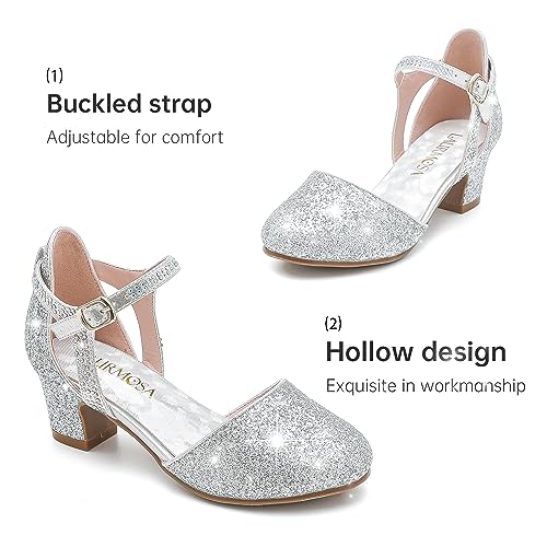 Image of LAURMOSA Girls Dress Shoes Closed Toe Pumps High Heels for Little Big Kid | Flower Shoes for Girls, 1.75-inch Chunky Heel, Ankle Strap, Closed Toe, Wedding, Party, Church, Graduation, First Communion