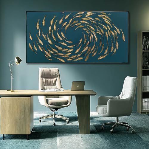Image of Large Framed Wall Art Fish Gold Artwork Ocean Animal Canvas Print Pictures for Wall Fishes Golden Arts Home Decorations 29 inchx58 inch Ready to Hang