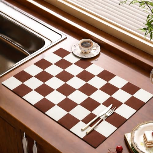 Image of HomeCloud Dish Drying Mat for Kitchen Counter Hide Stain Super Absorbent, Non-Slip, Heat-Resistant, Great for Dishes,Rack Pad, Kitchen Counter, Coffee Maker, Coffee Item (Chess Brown, 50x40cm)