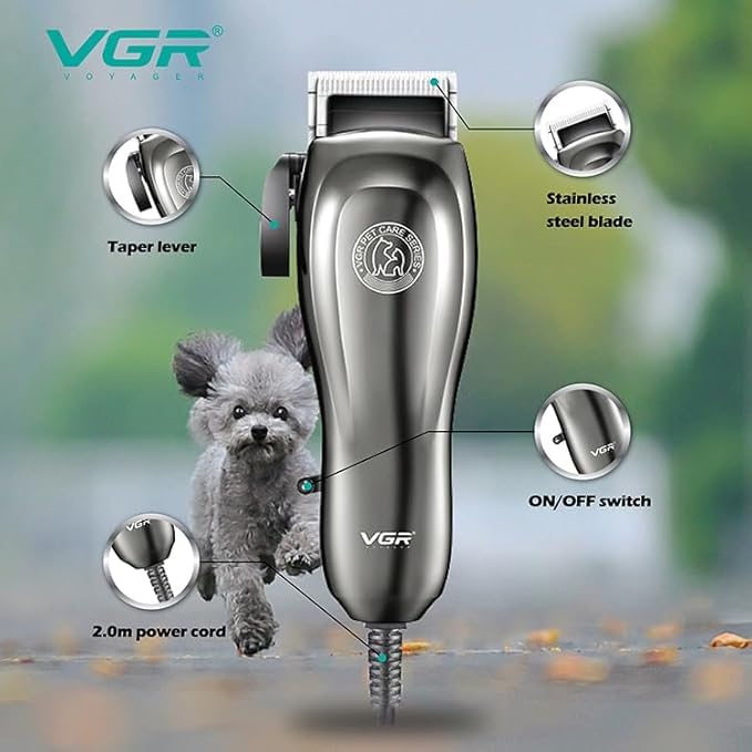Image of VGR V-206 Professional Pet Hair Clipper for Dogs & Cats | Low Noise, Corded Grooming Kit with Adjustable Blades & 8 Guide Combs for Long & Short Hair | Best Dog & Cat Trimmer - Silver
