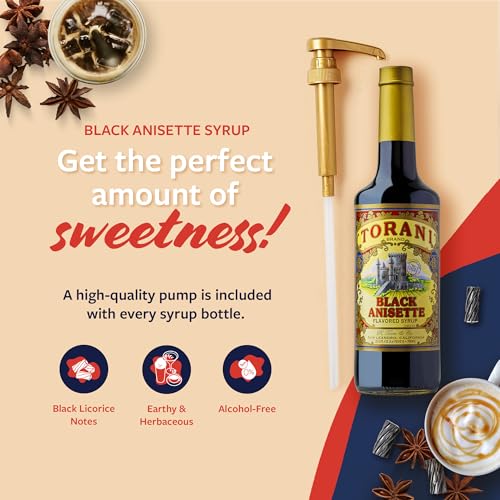 Image of Torani Black Anisette Syrup, 100th Anniversary Flavor for Drinks, Glass Bottle with Pump Included, 25.4 Fl Oz