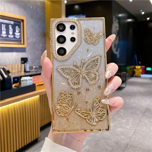 Coque Galaxy S23 FE Or de Luxe avec Cadre Galvanisé et Strass Papillon Émouvant