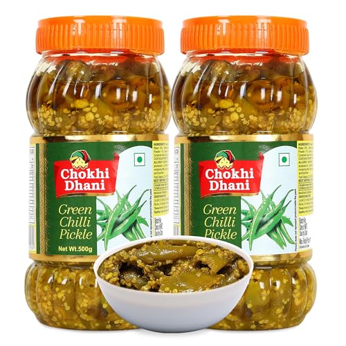 Image of Chokhi Dhani Green Chilli Pickle Pack of 2 (500g Each) | Hari Mirch Achar | Tangy & Spicy Indian Pickle | Traditional Homemade Style