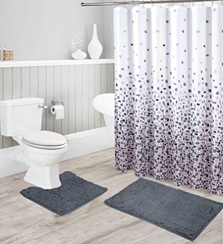 Chenille Soft Rug Anti-Slip Bath Set Includes Bath Mat, Contour Mat, Shower Curtain and Stainless Steel Roller Ball Hooks New # Jasmine (Charcoal)