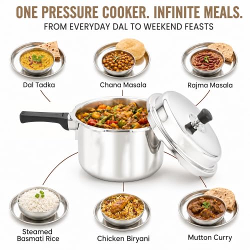 Image of SOLARA Triply Stainless Steel Pressure Cooker 2 L, Outer Lid Design, Induction & Gas Compatible, Even Heat Distribution, Heavy Duty Kitchen Cookware
