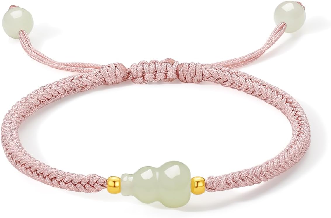 24K Solid Gold Gourd Bracelets Real Gold Bead Charm Green Jade Gemstone Braided Bracelet Pink Dainty Jewelry for Women Her Daughter Anniversary Birthday