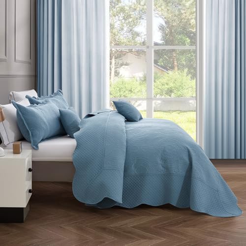 Image of HZ & HY Oversized King Bedspread, Embossed Damask Quilt Set King /Cal King, Lightweight Reversible Coverlet, Scalloped Edge - Calm Blue Classic Look, 5 Piece, Ashley Blue