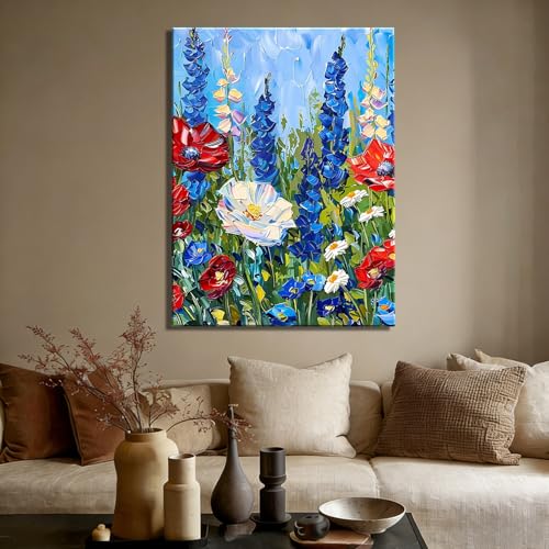 Image of Made USA Framed Red White Blue Wildflower Wall Art, Retro Bedroom Kitchen Wall Decor Rustic 4th of July Independence Day Canvas Prints Artwork, Classic Patriotic Pictures Home Decor