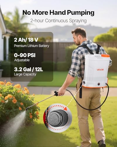 VEVOR Akku-Sprühgerät, 12 L, elektrischer Rücken-Drucksprüher, 2 einziehbare Stäbe und 5 Düsen, einstellbar 0–6 bar, 2 Stunden Laufzeit, tragbarer Pumpsprüher für Hof, Garten und Rasen