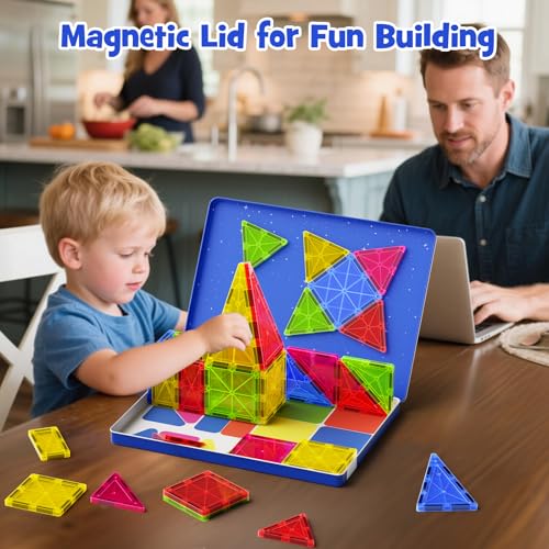 Image of Jumbo Magnetic Tiles with Secure Metal Case, 32 Pcs Large Magnetic Building Blocks for Kids 3-8, STEM Toys for Toddlers, Preschool Learning Montessori Toys, Age 3+ Boy Girl Gift