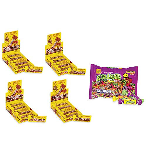 De La Rosa Candy Bar Pulparindo (Pack of 4) And De la Rosa Sweet & Sour Chewy Candy with Chili Aciduladito con chile