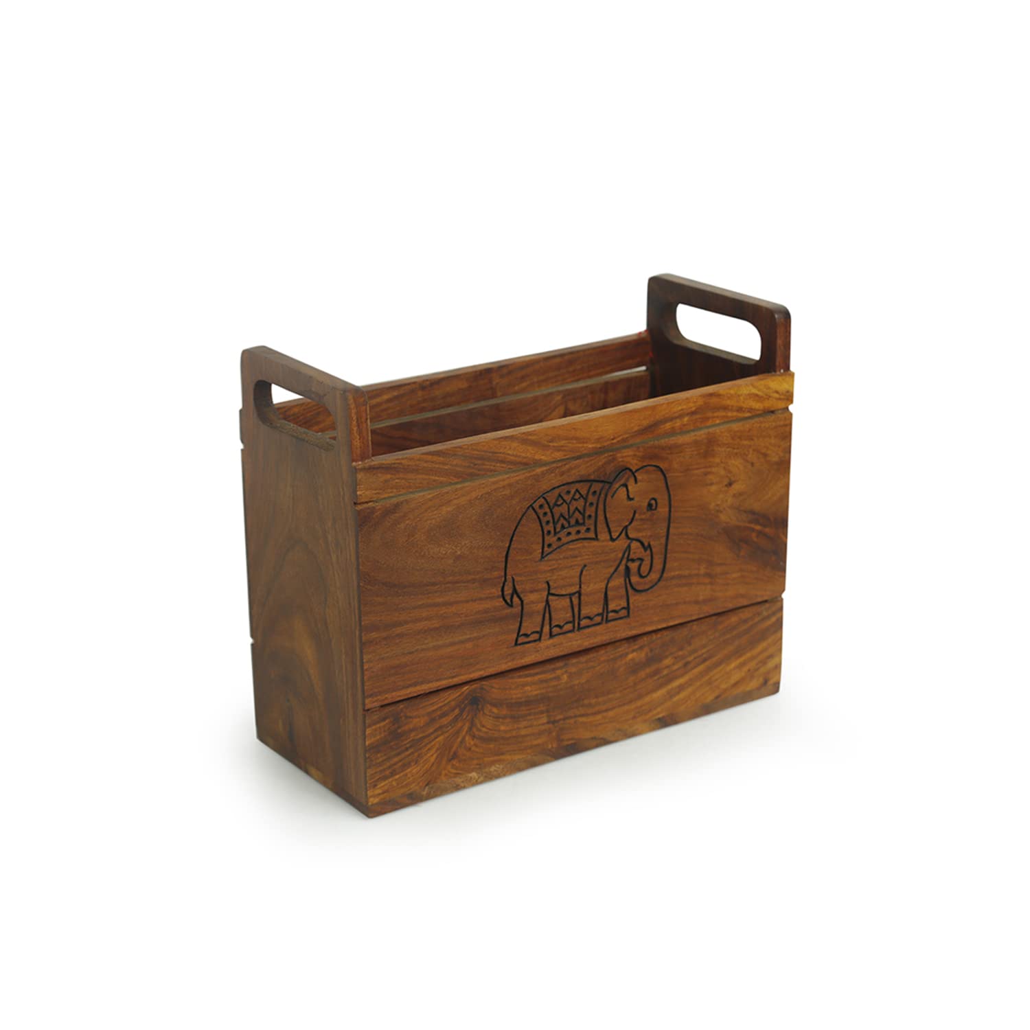 ExclusiveLane 'The Elephant' Hand Carved Table Magazine Stand For Office Desk In Sheesham Wood - Magazine Holder For Living Room Study Table Wooden Newspaper Stand, 25.4X10.7X20.6 Cm 1