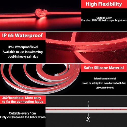 Image of Gesto 16.4 Feet Neon LED Strip Light with 12V Adapter | Cuttable & Flexible Waterproof Rope Light for Wall Decor, Indoor & Outdoor Decoration, Custom Names, Signage & Diwali Decorative Lighting- Red