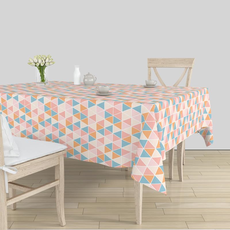 Image of Encasa XO Printed Table Cloth 8 ft for 6 to 8 Seater Dining Table, 100% Silky Polyester, Machine Wash to Remove Food Stains, Non-Fading, Non-Shrinking, Cheap & Durable - Big Triangles Apricot