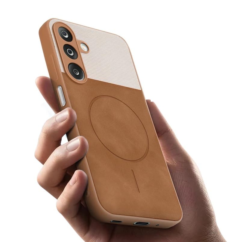 Image of Bintage CASE Mac Safe Design Hard Light Weight Back Case | Soft Border Camera Protect | Dual PU Leather Finish Back Cover Compatible for Samsung Galaxy A15 5G - White & Brown