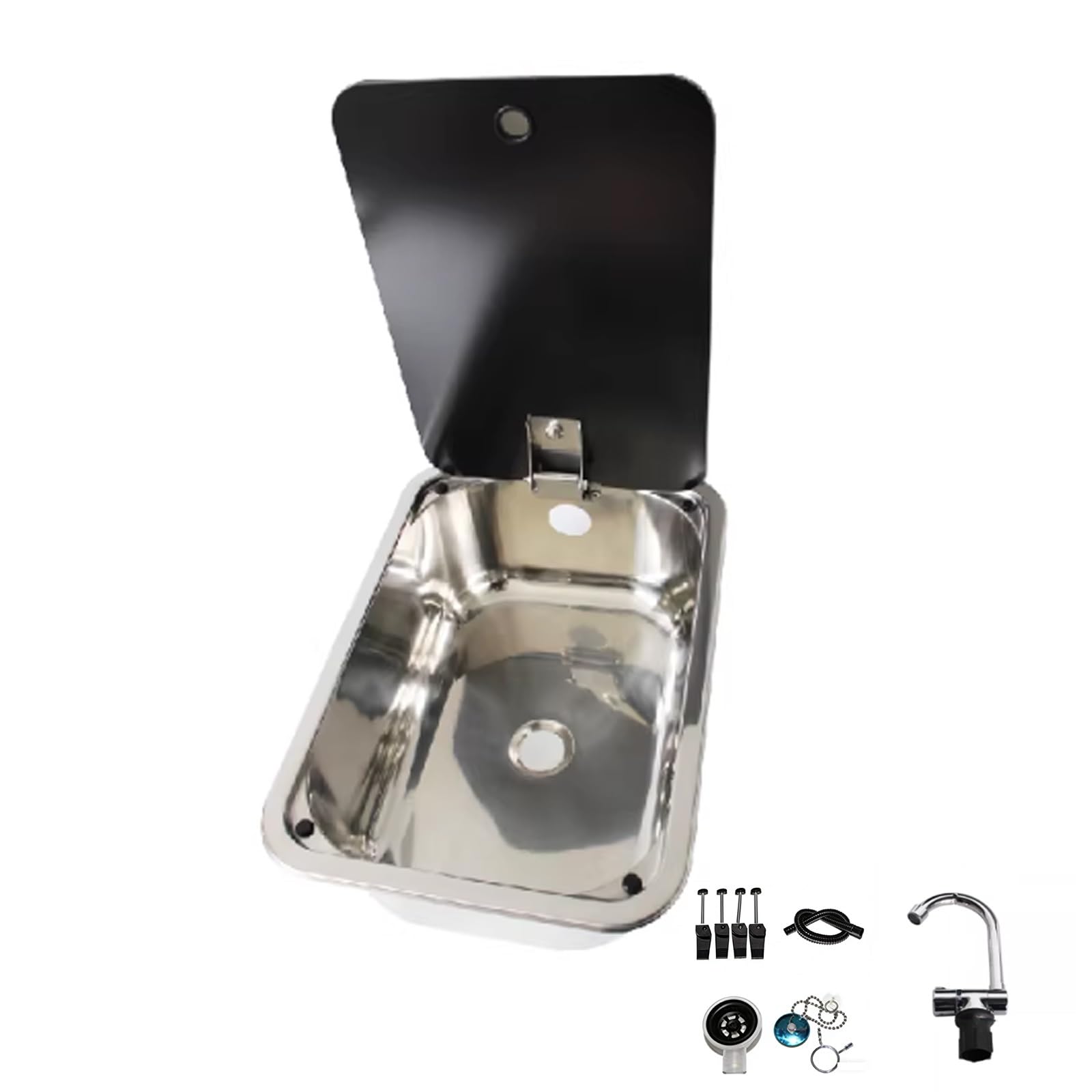 Fregadero Camper con Tapa y Grifo, Cuadrado Fregadero Portatil Camping, Lavabo de Acero Inoxidable para Bar, Caravana, Remolque