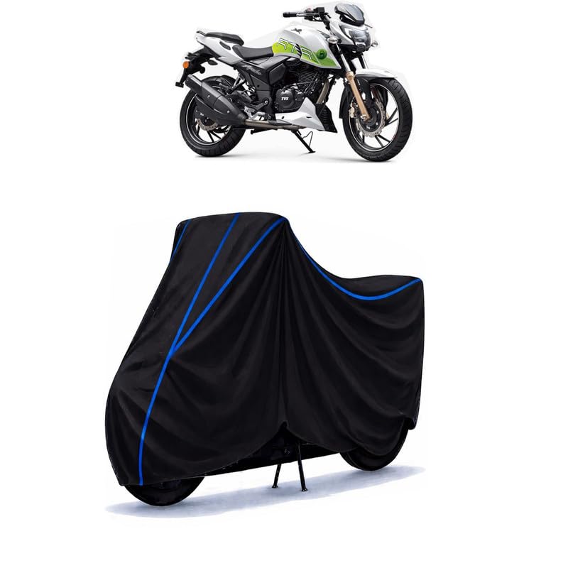 Image of TVS Apache RTR 200 FI E100 Bike Cover Water Resistant Universal Motorcycle Rain | Heavy Duty UV Protection, Dust, Scratch Indoor Outdoor All Weather with Black Blue Piping Elastic