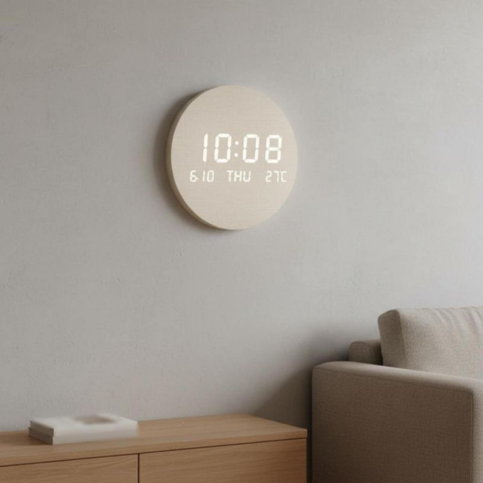 LOVIVER Reloj de Pared Eléctrico Digital Reloj LED Reloj Redondo Reloj Decorativo Moderno con Dígitos Día y Temperatura Visibles Luz Suave por la Noche, Wood