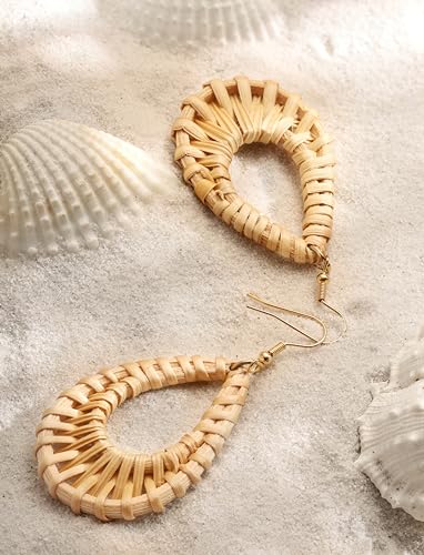 MINACHI Boho Chic Handmade Rattan Wood Dangle Drop Earrings for Women, Bohemian Summer Beach Statement Jewelry Gift for Women4