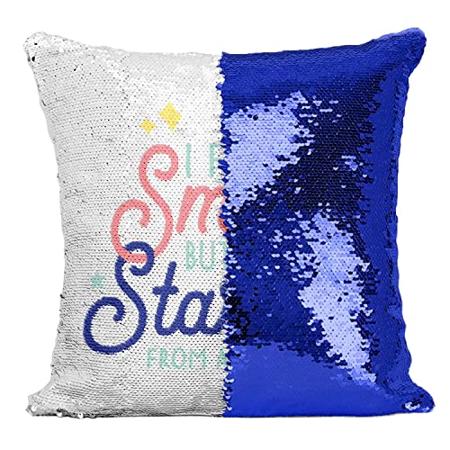Coussin magique paillettes bleu à message typographie réversible chic