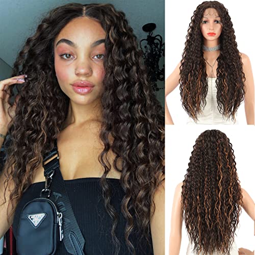Kalyss 28" Brown Wigs Middle Parts HD Transparent Synthetic Lace Front Wig for Women T Lace Frontal Wigs with Baby Hair Heat Resistant 150% Density Long Curly Wavy Synthetic Brown Highlight Wig