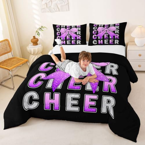 Image of Feelyou Bowknot Cheer Comforter Set Full Size Cheerleading Bedding Set for Kids Boys Girls Pink Purple Glitter Cheerleader Duvet Quilt Cheer Bow Bedroom Decor Microfiber 3 Pcs with 2 Pillow Cases