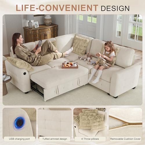 Image of Hanherry Sectional Couch with Pull Out Sofa Bed,Chenille Sleeper Sofa with 2 Seat Storage & USB Charging,Comfy L Shaped Modular Couches for Living Room,Apartment