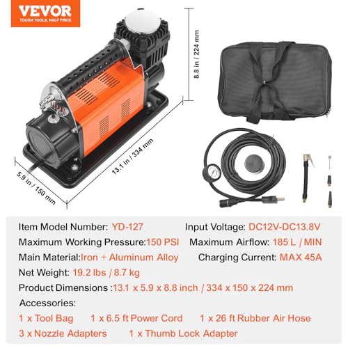 Image of VEVOR 12V Portable Tire Inflator, 7.06CFM Heavy Duty Air Compressor, 150PSI Offroad Air Pump with Adapters for Car SUV RV Truck - Include 6.5FT Power Cord, 26FT Air Hose with Pressure Gauge, Carry Bag