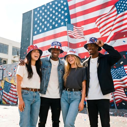 Image of Zhanmai 4 Pcs 4th of July USA Bucket Hat American Flag Patriotic Hats for Women Men 2026 Soccer Tournament Party Hat