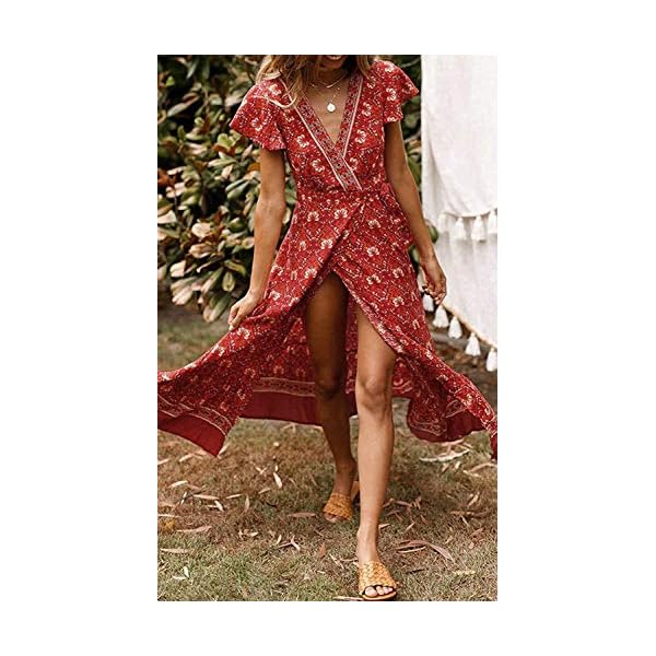 ZESICA-Womens-Bohemian-Floral-Printed-Wrap-V-Neck-Short-Sleeve-Split-Beach-Party-Maxi-Dress ZESICA Women's 2024 Bohemian Floral Printed Wrap V Neck Short Sleeve Split Beach Party Maxi Dress,Lychee Red,Medium