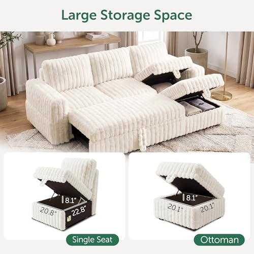 Image of HONBAY Plush Corduroy Modular Sectional Sofa with Pull Out Bed L Shaped Sleeper Sofa with Storage Sectional Couches for Living Room,Plush Beige