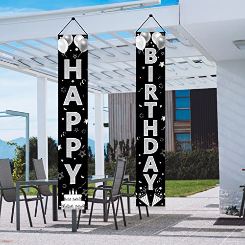 Black White Silver Birthday Door Banner Decorations For Men Women, Black Silver Happy Birthday Porch Sign Party Supplies, 16Th 21St 30Th 40Th 50Th 60Th 70Th 80Th 90Th Birthday Backdrop Decor #TOP5