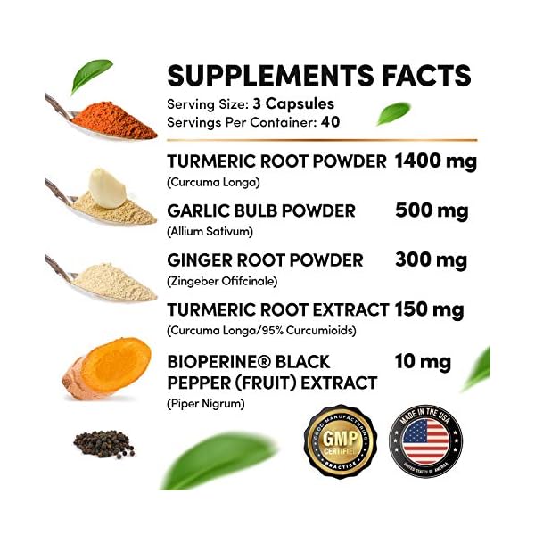4-in-1 Turmeric and Garlic Supplements with Bioperine 2360 mg (120 ct) Turmeric Ginger Root Capsules with Garlic - Turmeric Curcumin with Black Pepper for Joint, Digestion & Immune Support (Pack of 1)