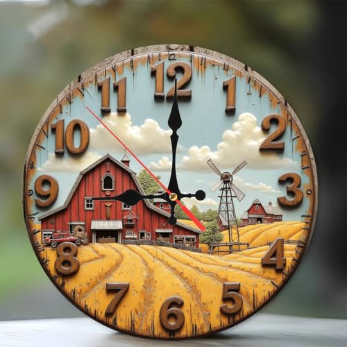 SEMARY Farmhouse Barn Clock Wall Decor Rustic Country Scene 10-Inch