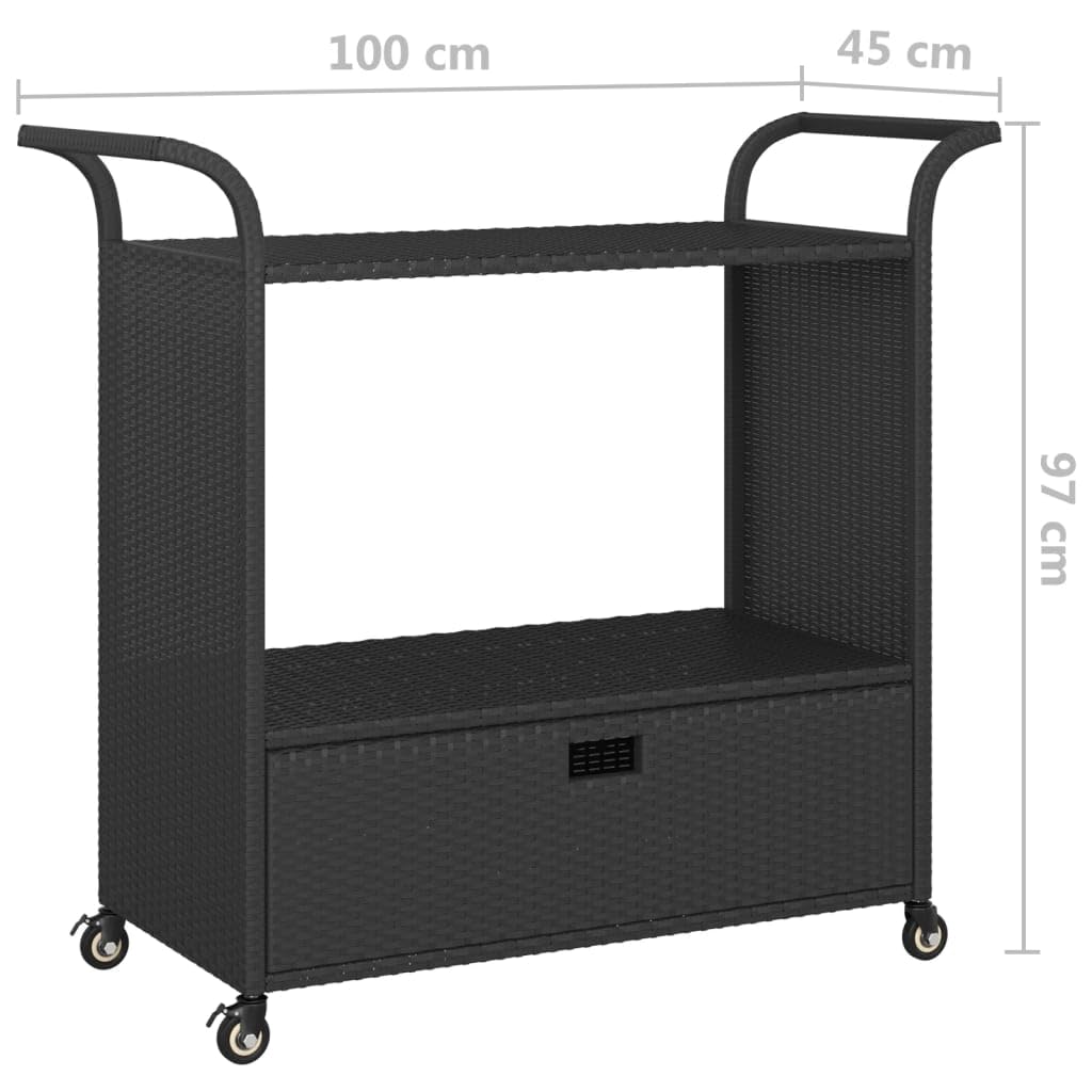 vidaXL Carrito de Bar con Cajón Carro Servicio Cocina Jardín Patio Terraza Balcón Rodante Almacenaje Comida Bebida Ratán Sintético Negro 100x45x97 cm