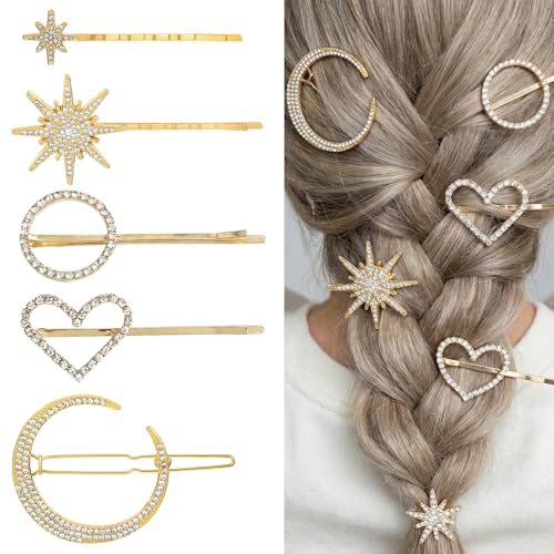 Set de 8 Pinzas para el Cabello con Estrellas y Luna de Strass, Accesorios Celestiales Vintage Dorados para Mujeres