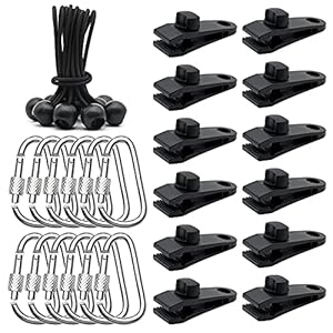 36 stuks zeilclips, tentclips, heavy duty tentzeilklem met tentclip, bungeekoorden met bal, karabijnhaken, zeilklemmen voor tenten, zeilen, luifels, camping in de open lucht, caravan, afdak