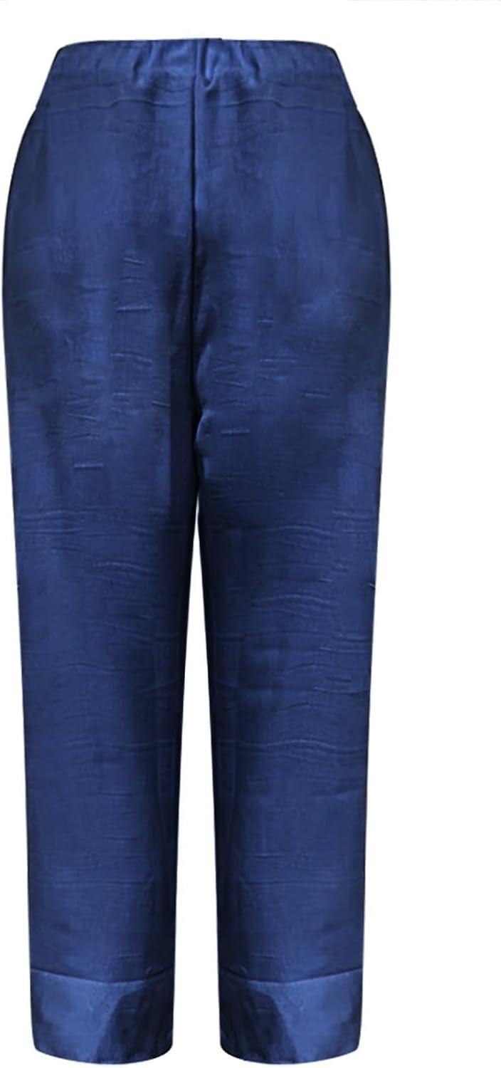 Cotton Linen Straight Leg Pants for Women Elastic High Waisted Lounge Pant Summer Trousers Casual Slacks with Pocket