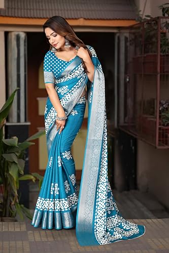 Image of Dola Silk Saree with Blouse Piece Intricate White Art Print and Zari Border | Perfect for Festive Occasions | Dola Silk | Silk Saree | Cotton Silk Saree | Silk Saree Collection.