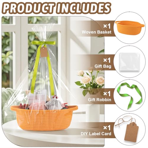 Image of OIAHOMY Small Woven Basket with Gift Bags, Ribbons & DIY Label Card, Baskets for Gifts Empty, Small Rope Basket 12 * 8 * 5IN, Cute Decorative baskets with Handles for Baby Pets, Toys, Orange