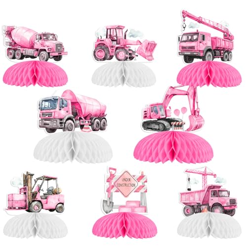 Pink Construction Birthday Decorations Girls 8pcs Construction Honeycomb Centerpieces Dump Truck Table Decor Excavator Digger Engineering Vehicle Builder Under Construction Baby Shower Party Supplies