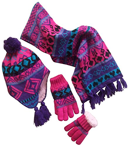N'ice Caps Big Girls Sherpa Lined Geo Print Hat/Scarf/Glove Knitted Set (8-12 Years, Purple/Turq/Fuchsia/Black) #TOP27