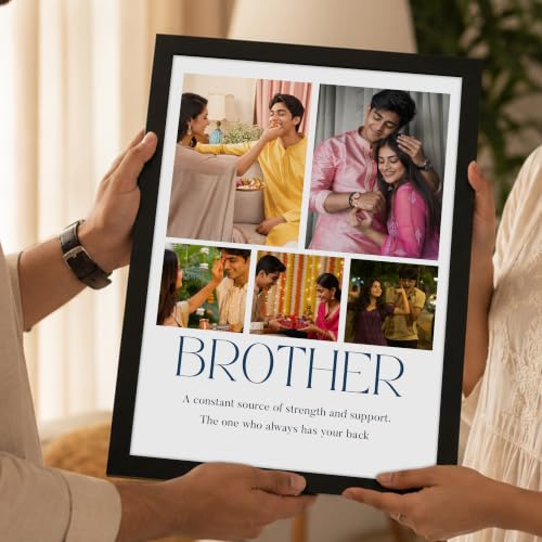 Image of Art Street Personalized Gift for Brother, Rakhi Photo Frame | 5 Image Collage with Custom Text, Customized Photo Frame for Brother, Wall Decor for Bedroom Living Room, A4 Size 8x12 Inch